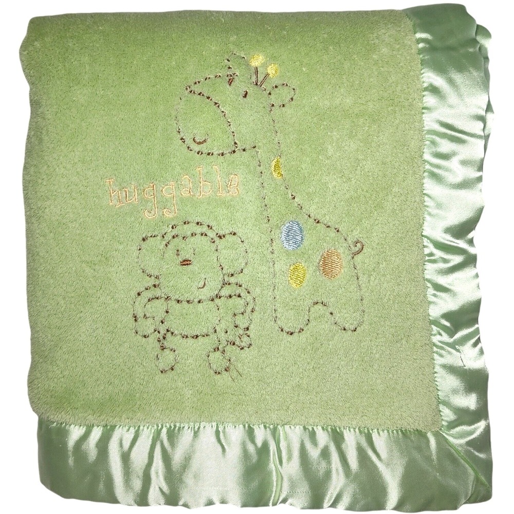 Gerber Green Huggable Giraffe Monkey Baby Blanket Satin Trim Soft Plush